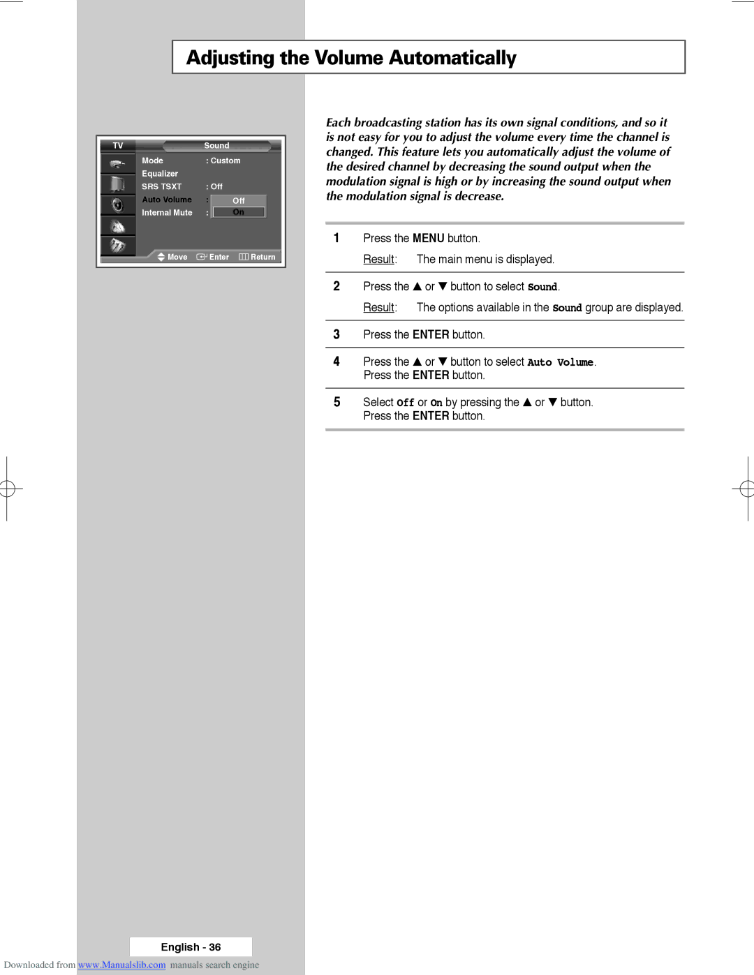 Samsung SP50L3HX, SP61L3HX, SP56L3HX manual Adjusting the Volume Automatically 