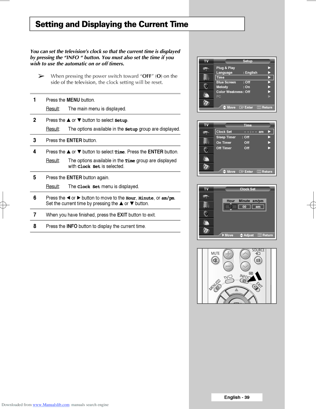 Samsung SP50L3HX, SP61L3HX, SP56L3HX manual Setting and Displaying the Current Time 