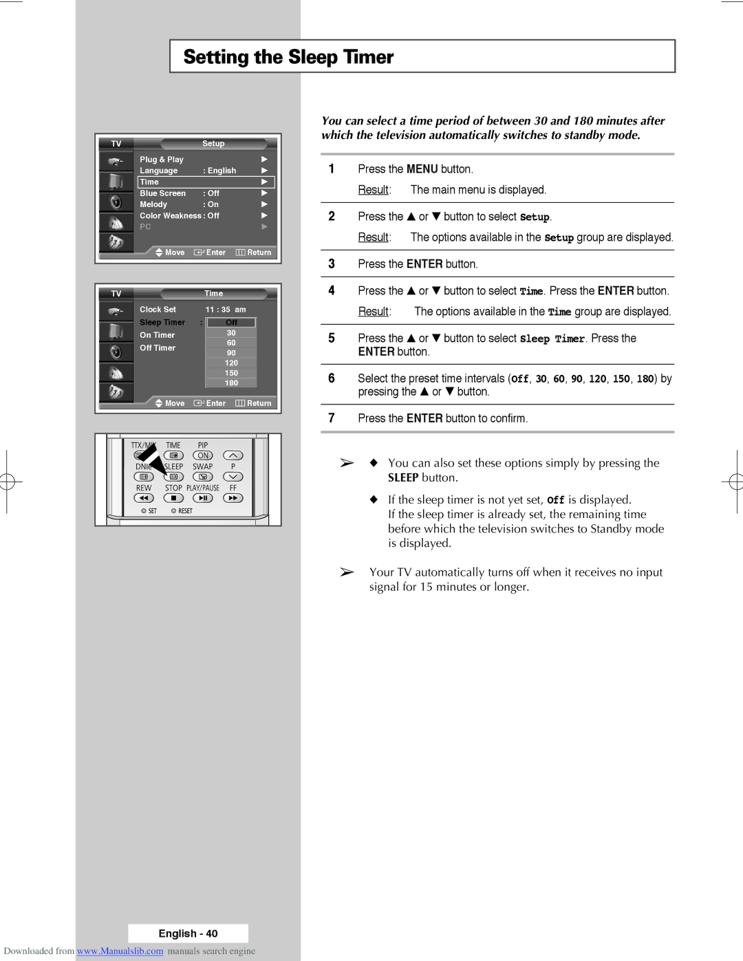 Samsung SP61L3HX, SP50L3HX, SP56L3HX Setting the Sleep Timer, Which the television automatically switches to standby mode 