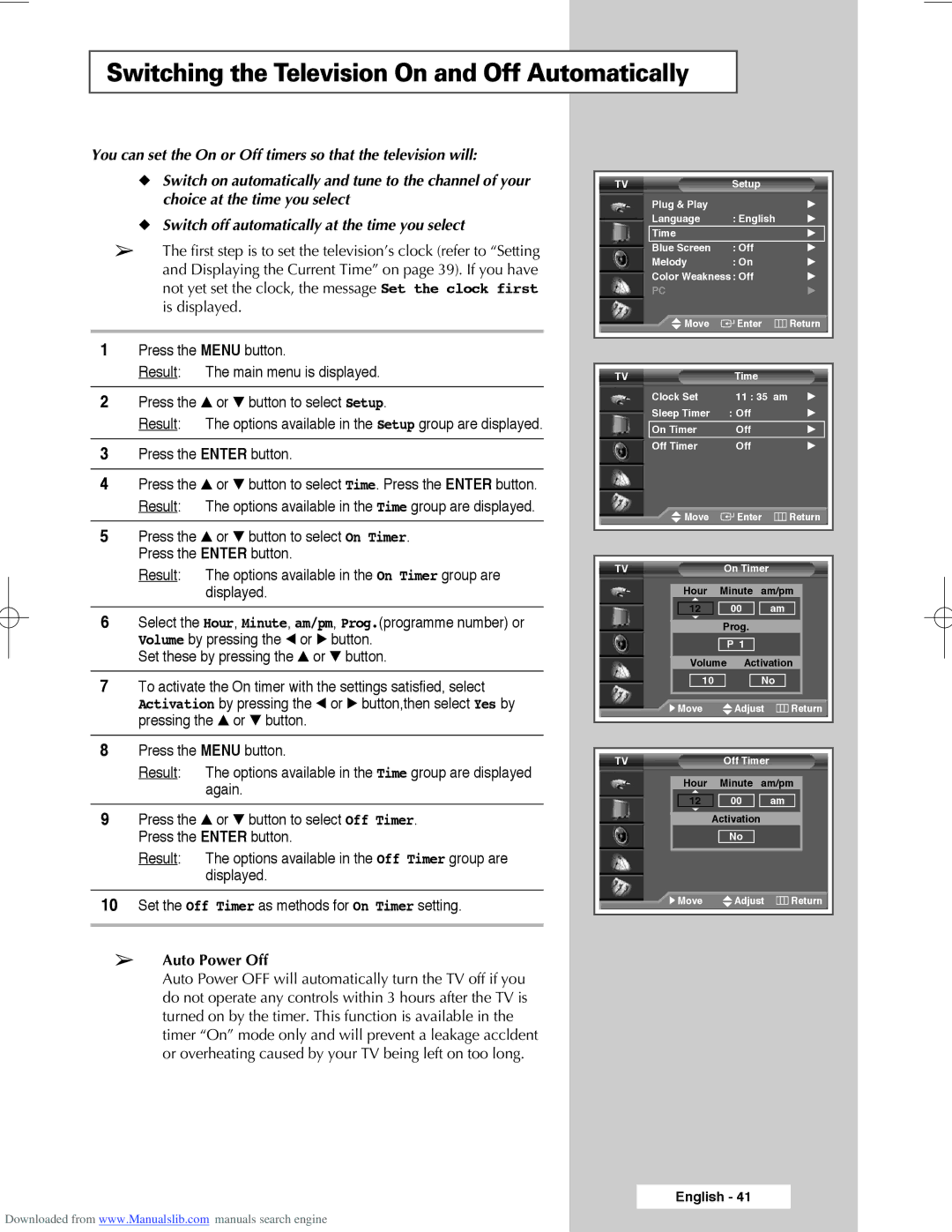 Samsung SP56L3HX, SP50L3HX, SP61L3HX manual Switching the Television On and Off Automatically, Auto Power Off 