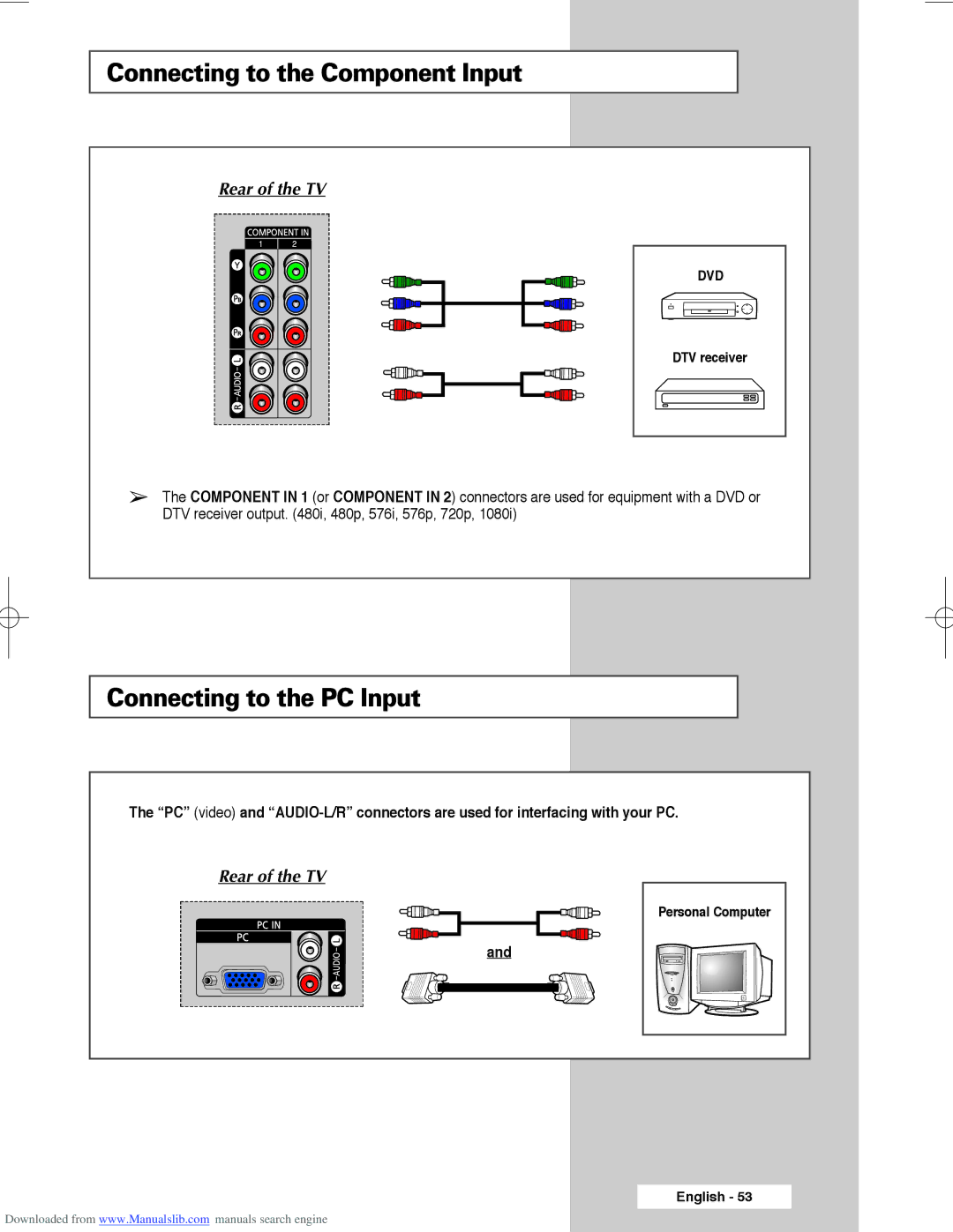 Samsung SP56L3HX, SP50L3HX, SP61L3HX manual Connecting to the Component Input, Connecting to the PC Input 