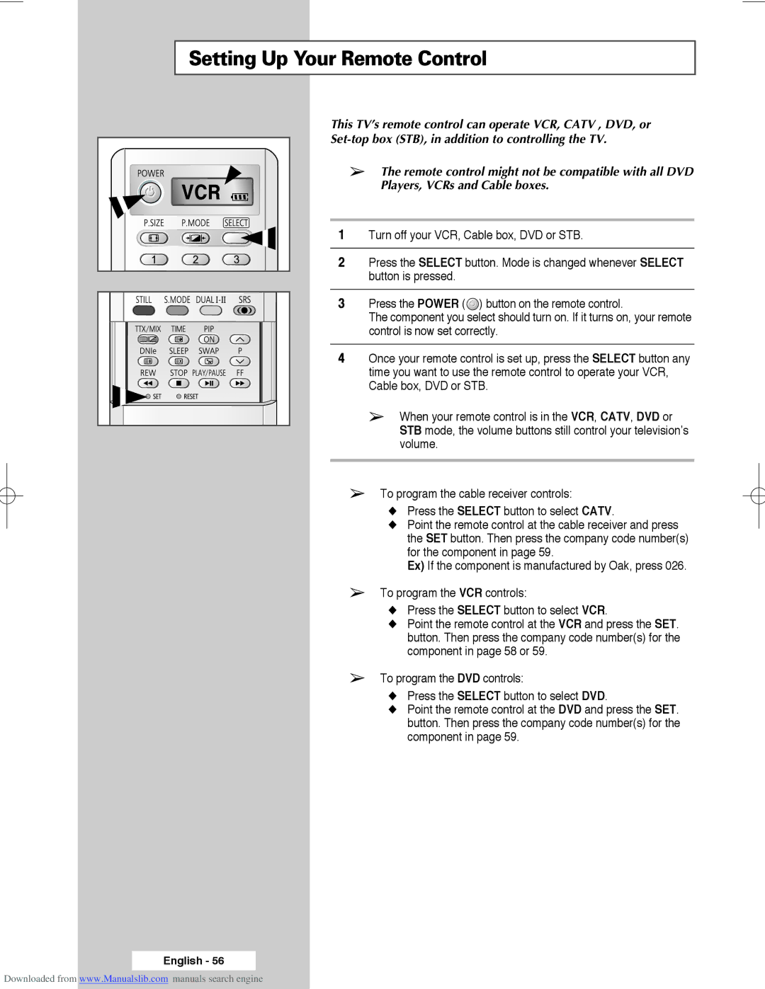 Samsung SP56L3HX, SP50L3HX manual Setting Up Your Remote Control, This TV’s remote control can operate VCR, Catv , DVD, or 