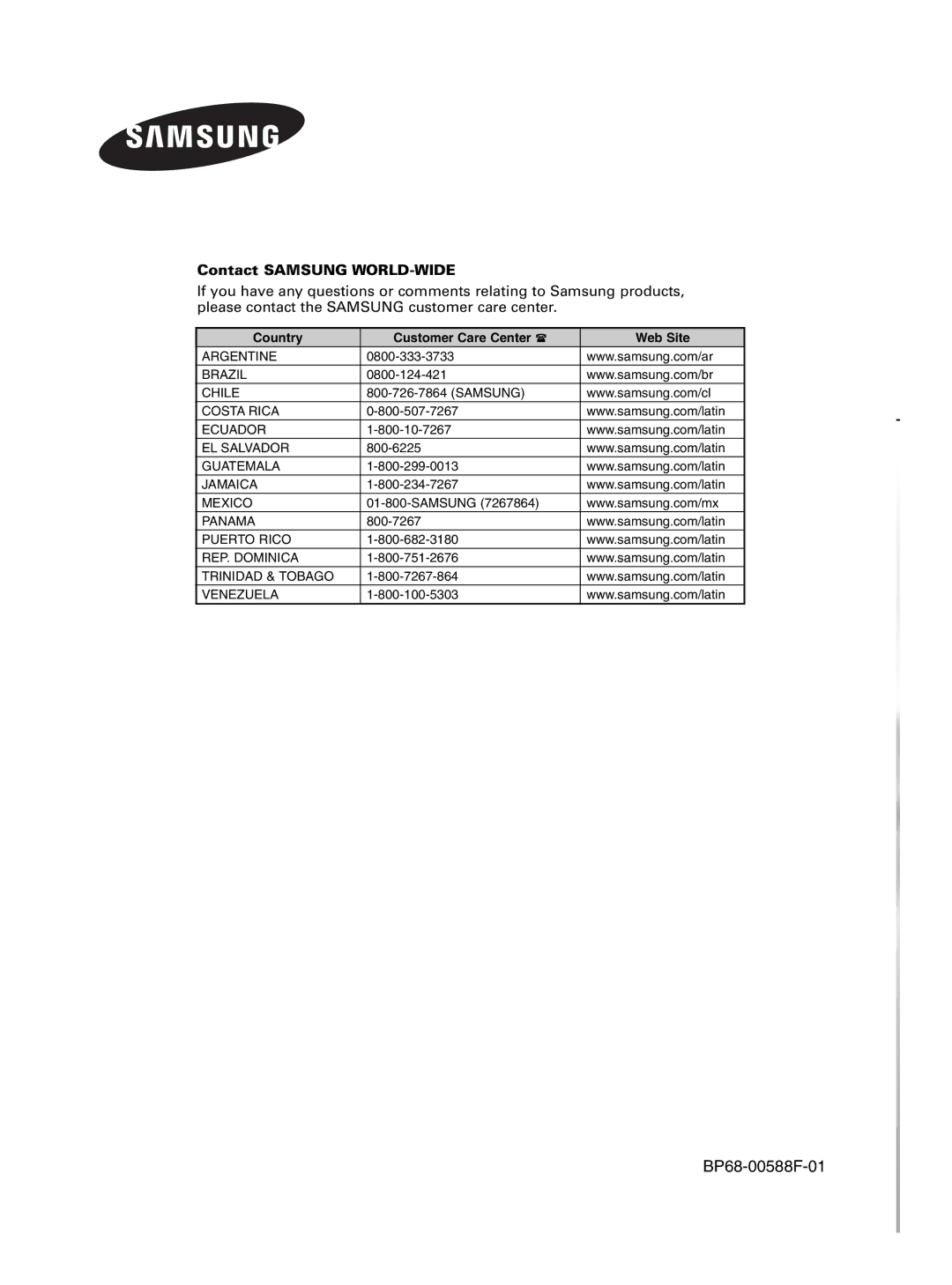 Samsung SP50L6HV manual BP68-00588F-01 