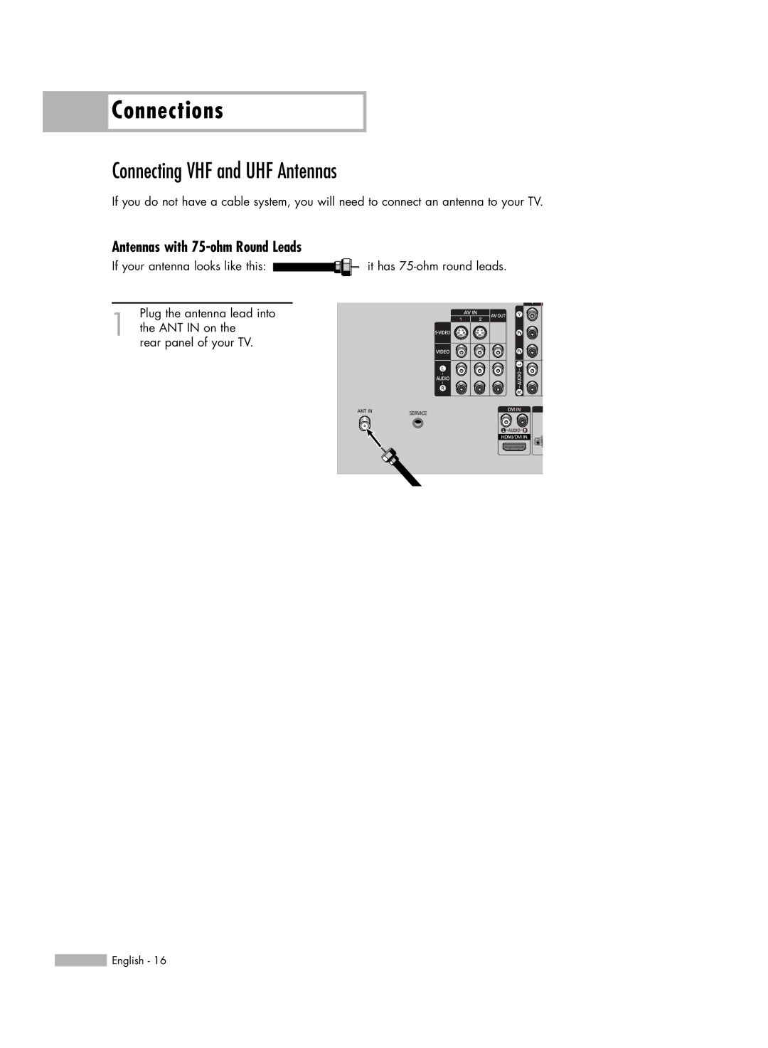 Samsung SP50L6HV manual Connections, Connecting VHF and UHF Antennas, Antennas with 75-ohm Round Leads 