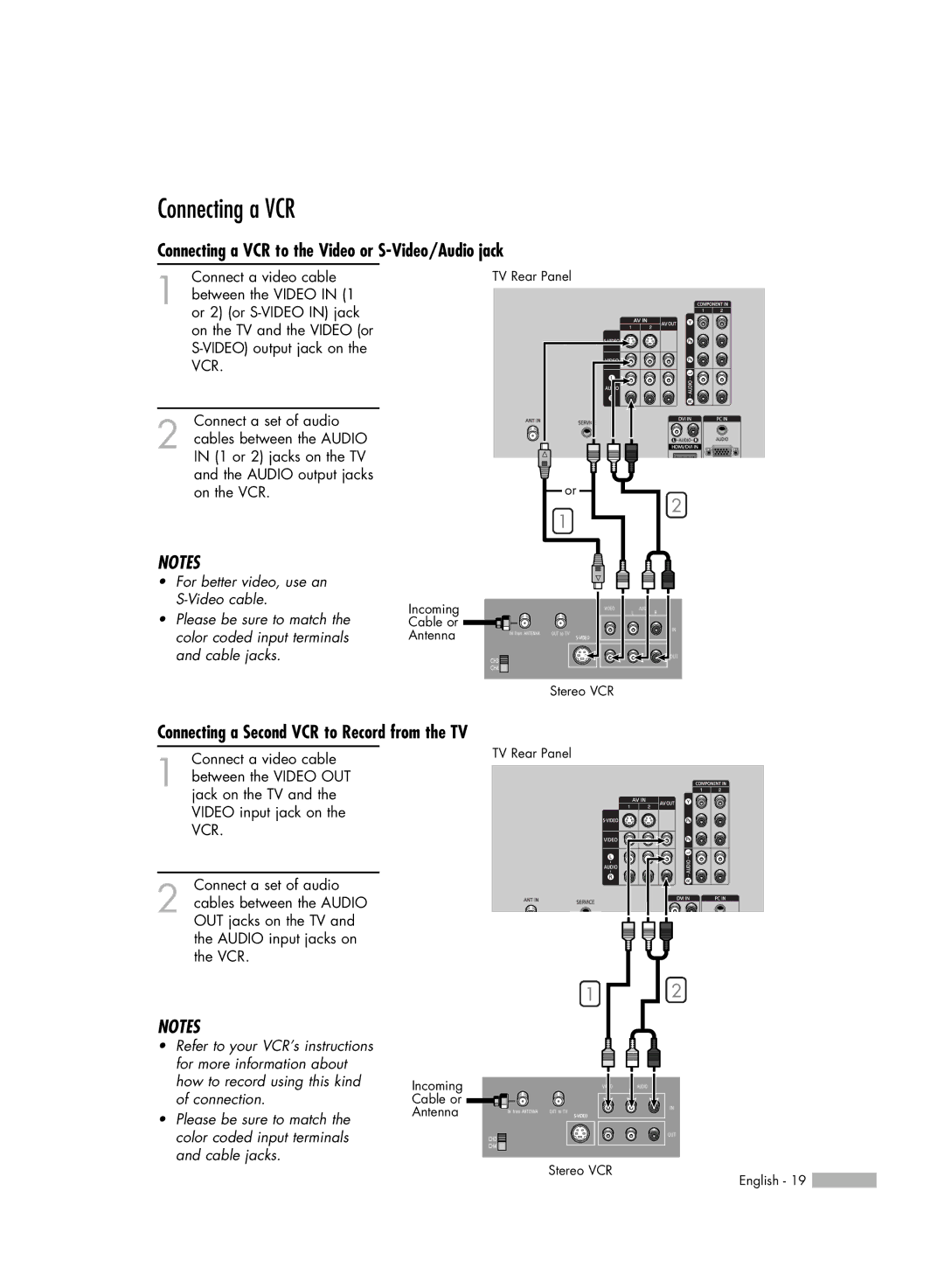 Samsung SP50L6HV Connecting a VCR to the Video or S-Video/Audio jack, Connecting a Second VCR to Record from the TV 