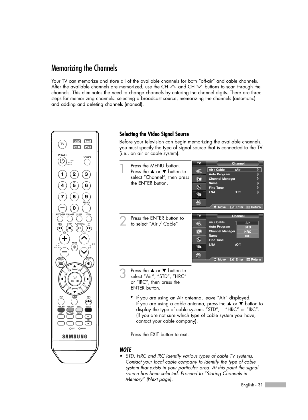 Samsung SP50L6HV manual Memorizing the Channels, Selecting the Video Signal Source 