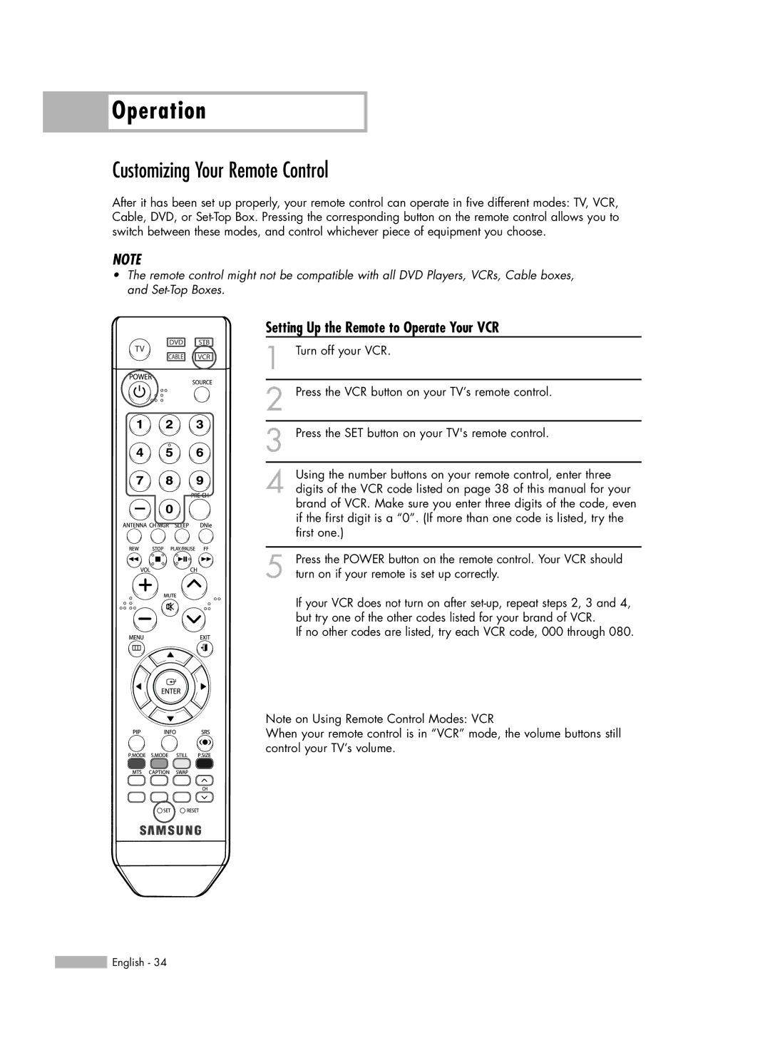 Samsung SP50L6HV manual Customizing Your Remote Control, Setting Up the Remote to Operate Your VCR 