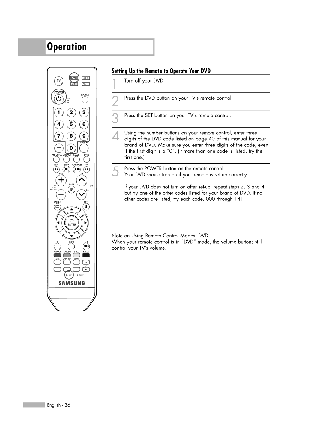 Samsung SP50L6HV manual Setting Up the Remote to Operate Your DVD 