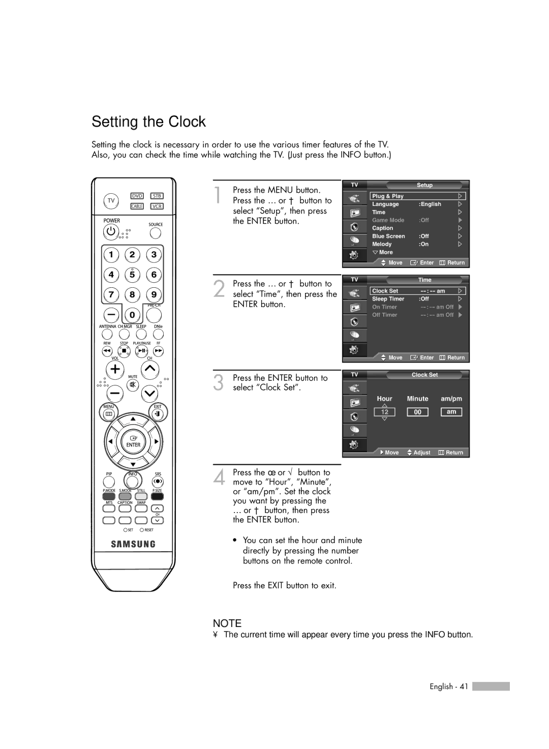 Samsung SP50L6HV manual Setting the Clock 