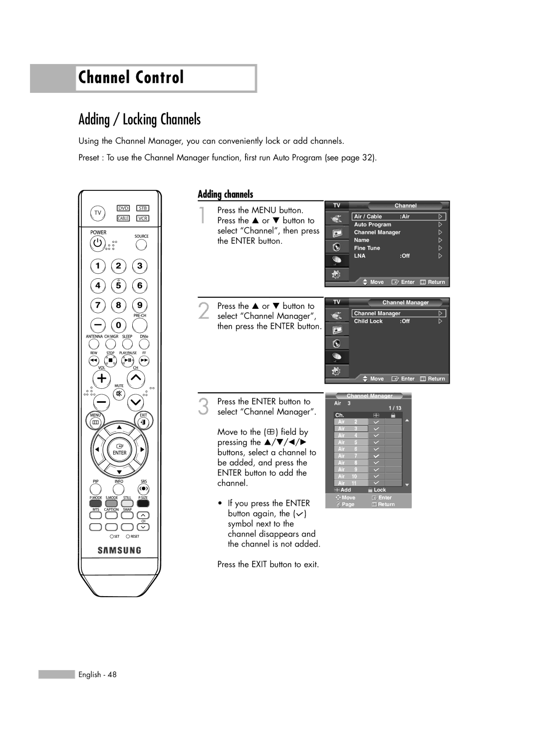 Samsung SP50L6HV manual Channel Control, Adding / Locking Channels, Adding channels 