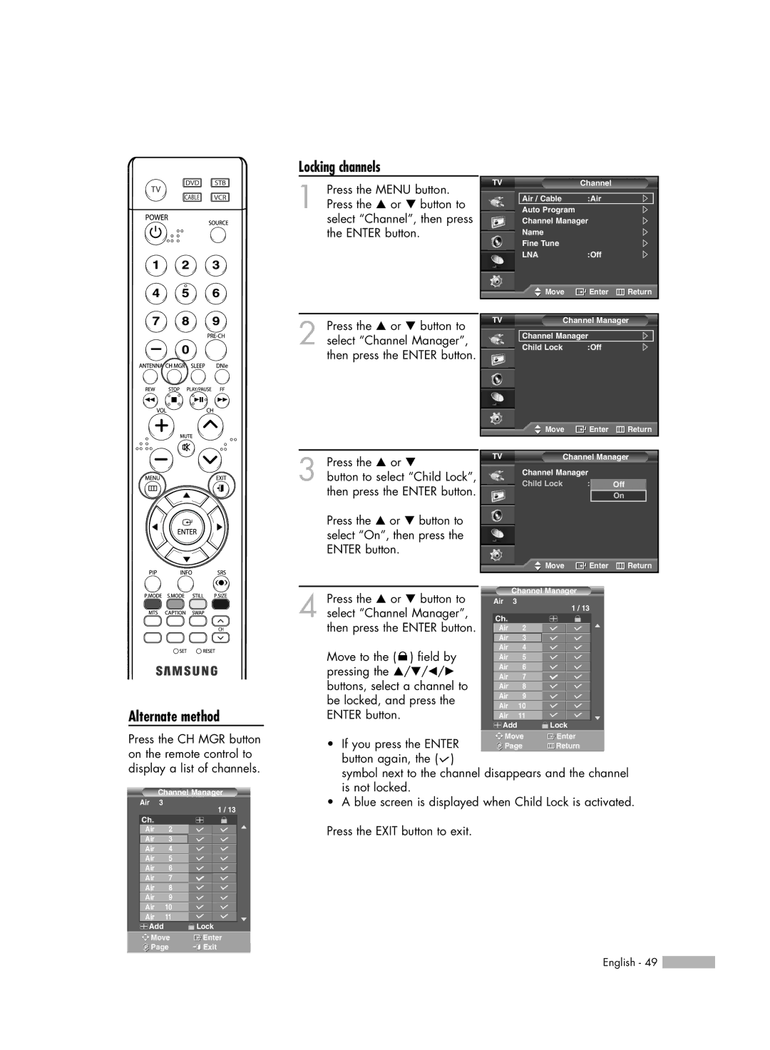 Samsung SP50L6HV manual Locking channels, Button again 