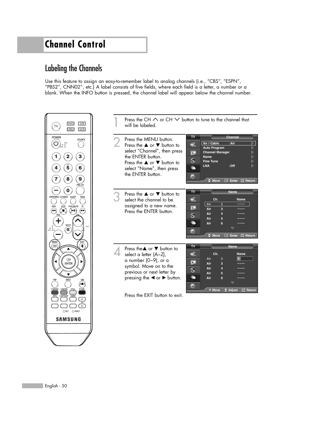 Samsung SP50L6HV manual Labeling the Channels, Press the… or † button to 