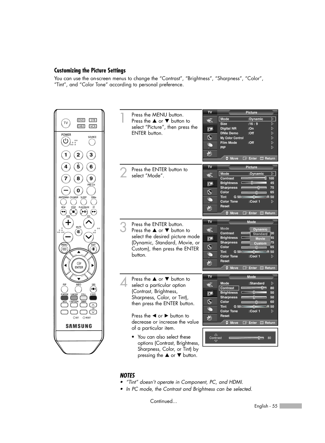 Samsung SP50L6HV manual Customizing the Picture Settings 