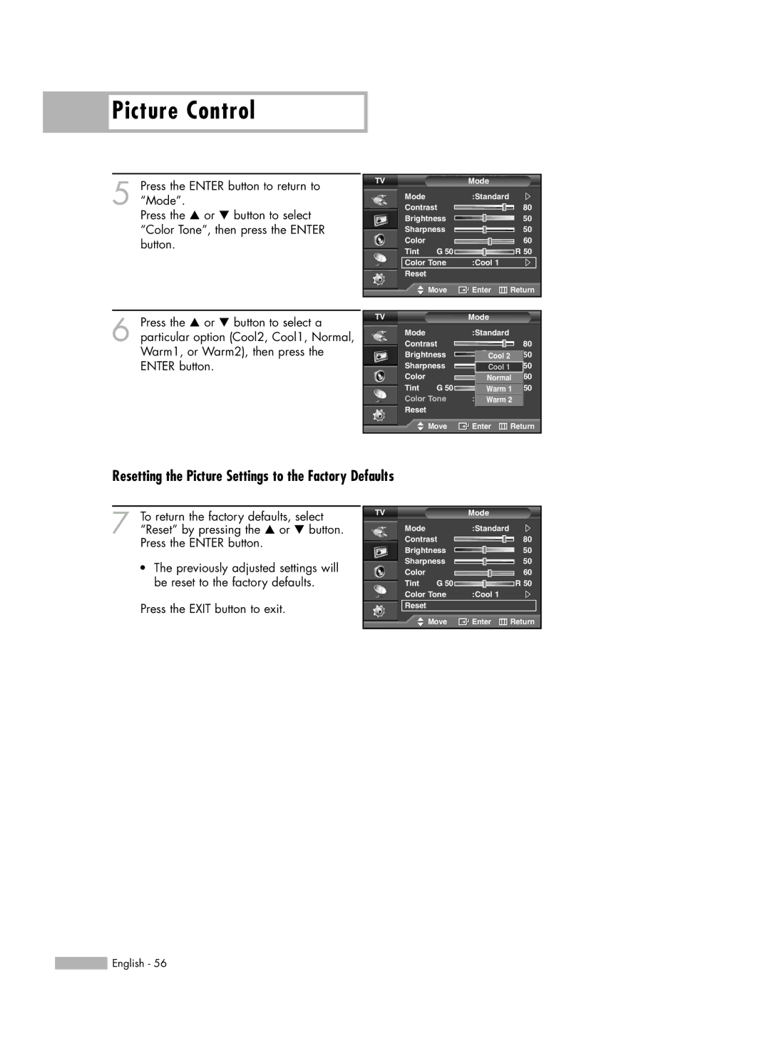 Samsung SP50L6HV manual Resetting the Picture Settings to the Factory Defaults 