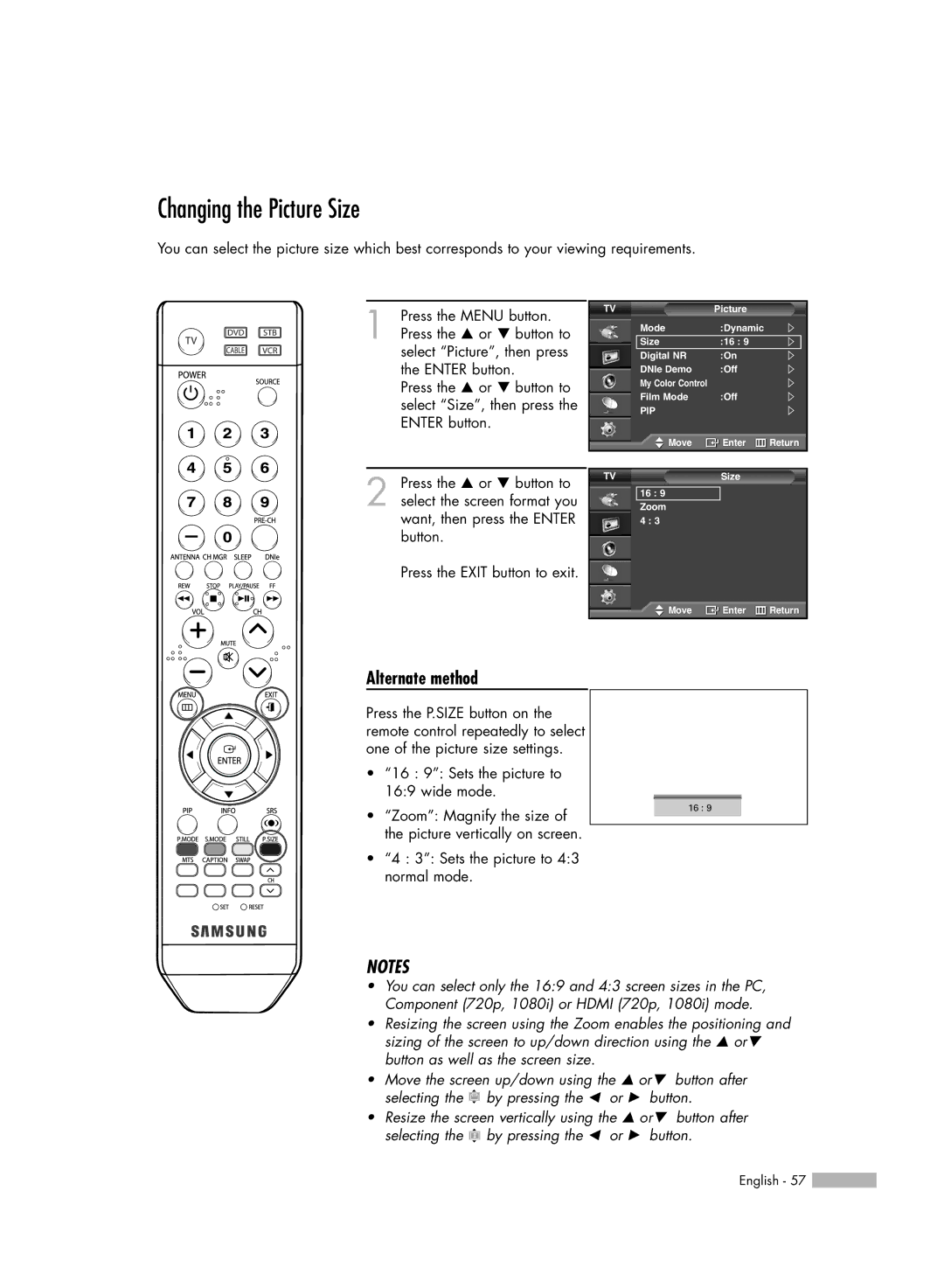 Samsung SP50L6HV manual Changing the Picture Size, Alternate method 