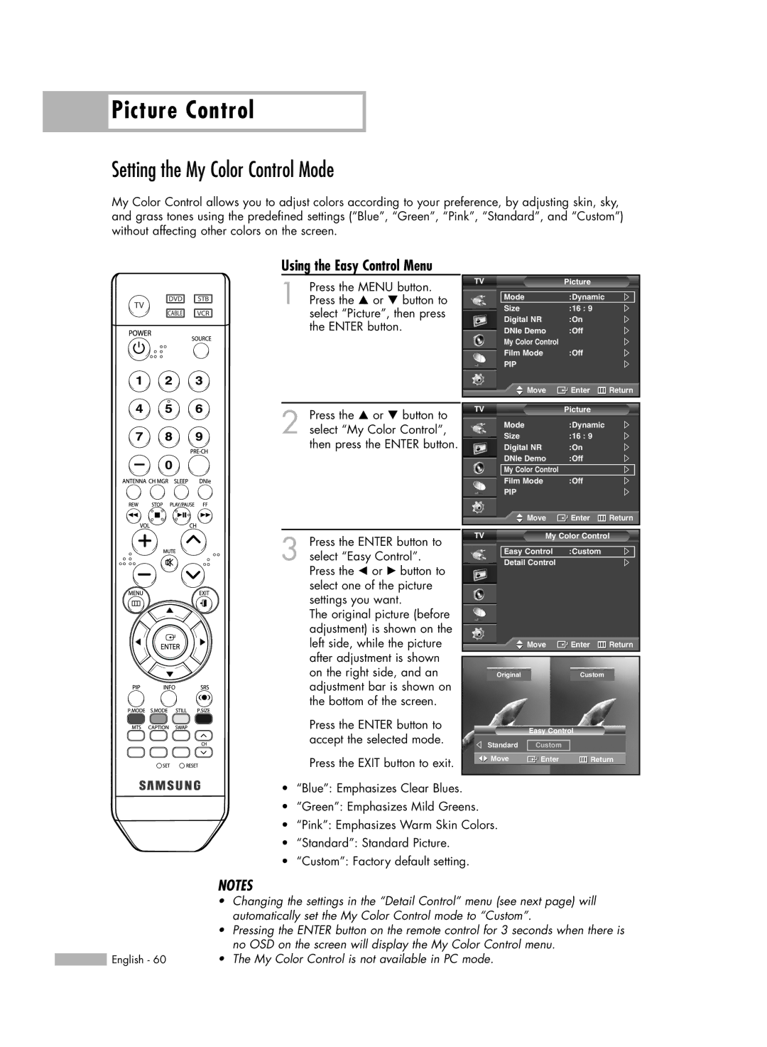 Samsung SP50L6HV manual Setting the My Color Control Mode, Using the Easy Control Menu 