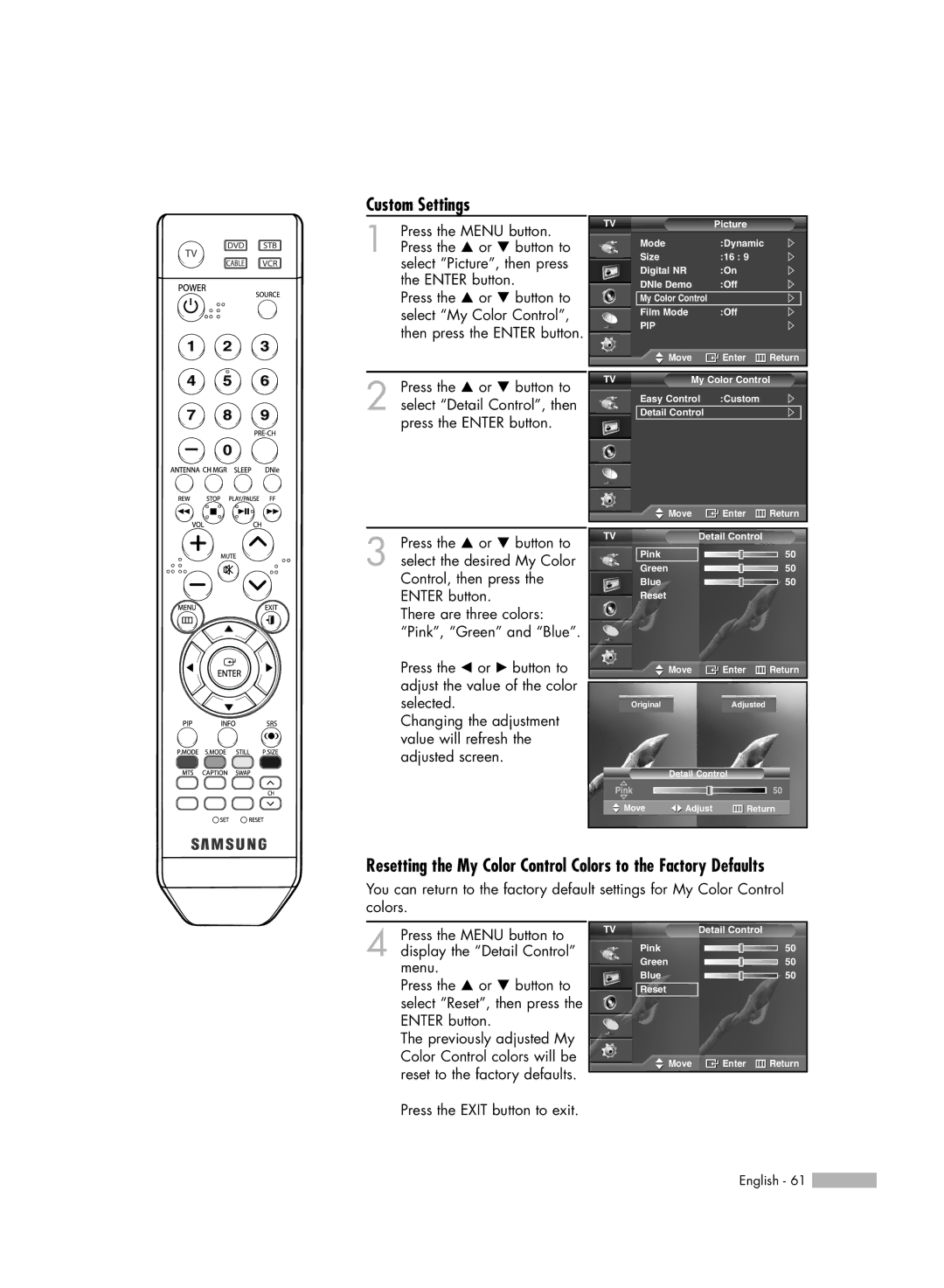 Samsung SP50L6HV manual Custom Settings 