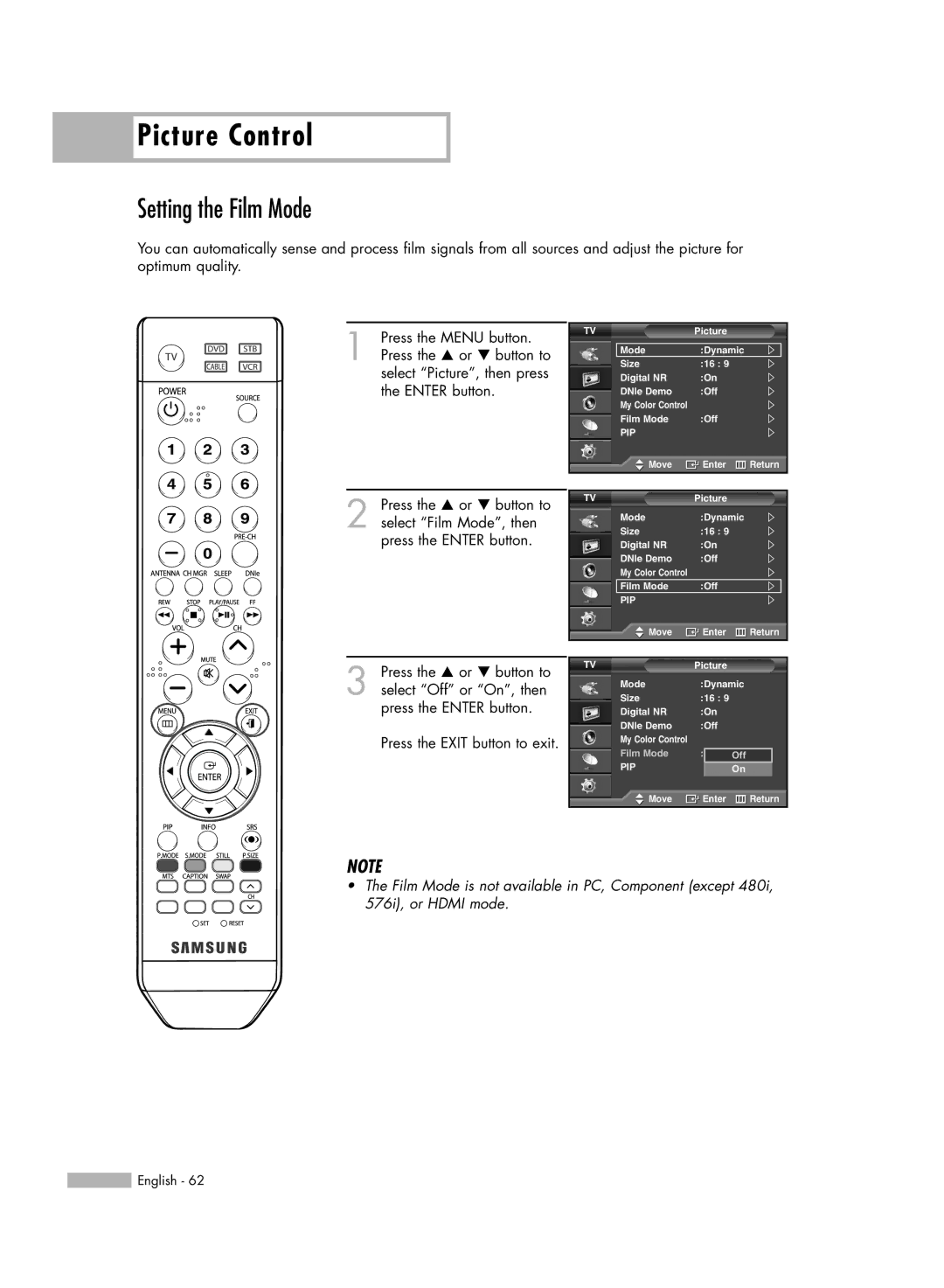 Samsung SP50L6HV manual Setting the Film Mode 