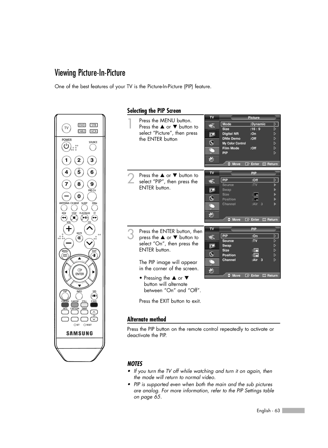 Samsung SP50L6HV manual Viewing Picture-In-Picture, Selecting the PIP Screen 