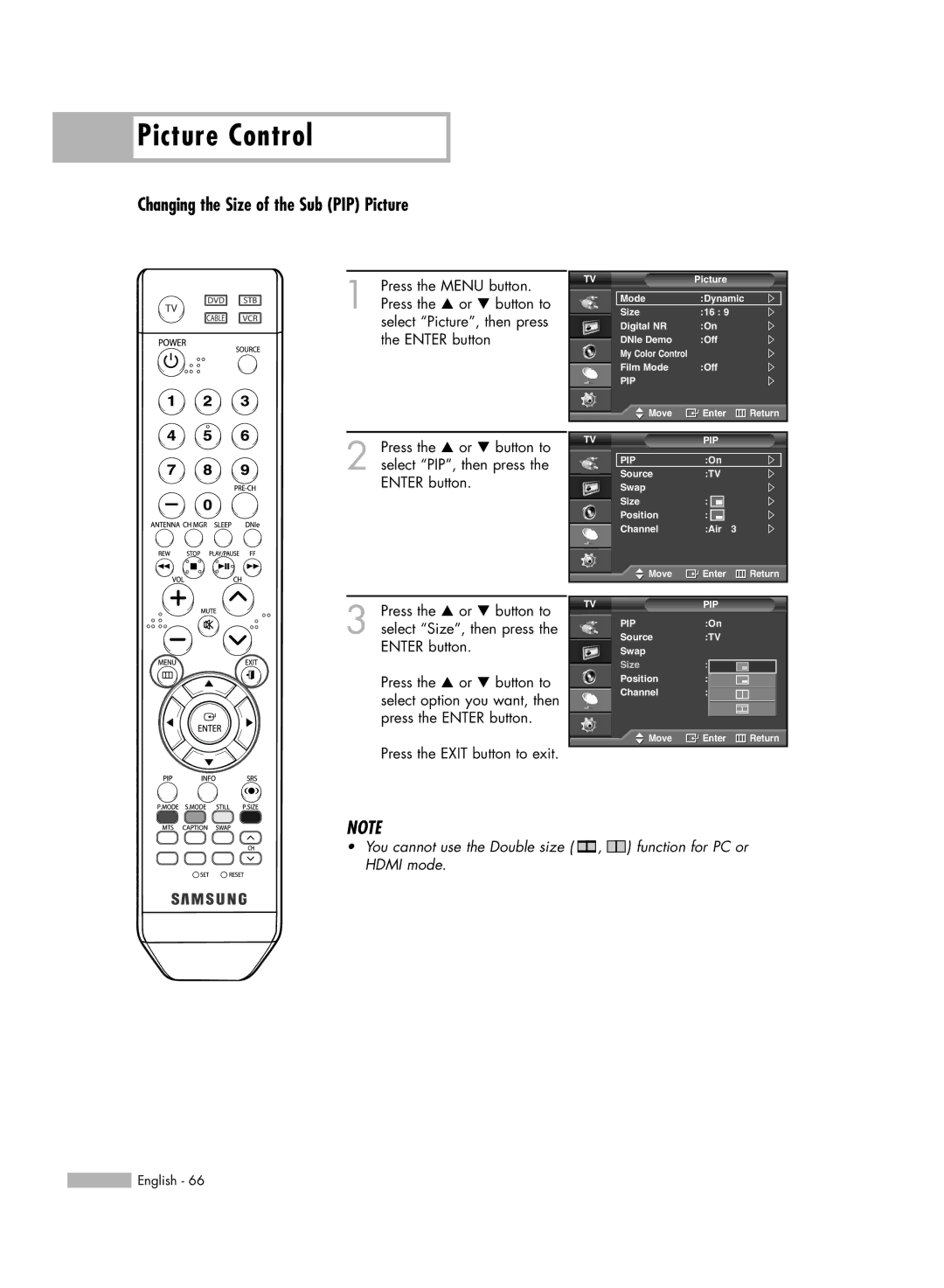 Samsung SP50L6HV manual Changing the Size of the Sub PIP Picture 