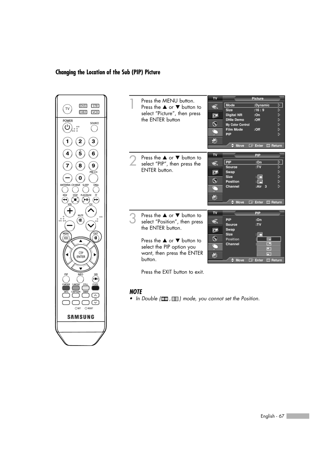 Samsung SP50L6HV manual Changing the Location of the Sub PIP Picture 