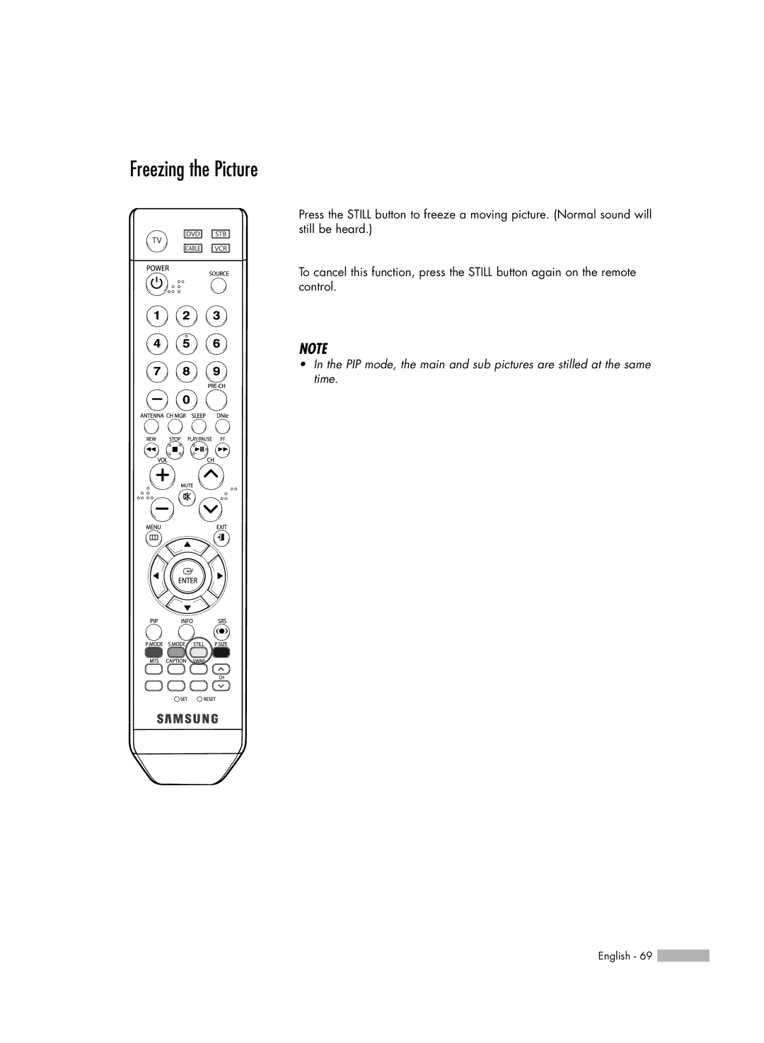 Samsung SP50L6HV manual Freezing the Picture 