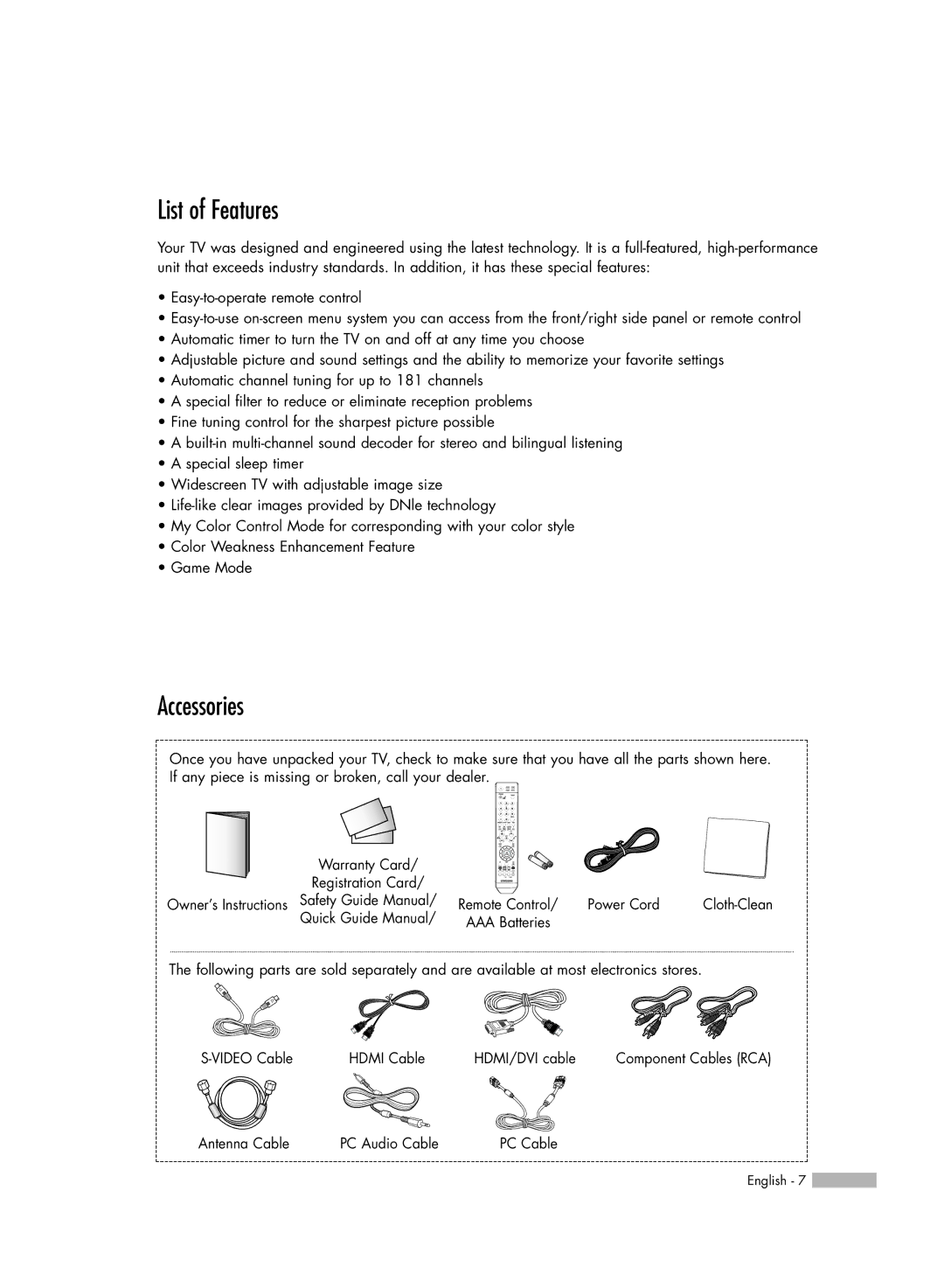 Samsung SP50L6HV manual List of Features, Accessories 