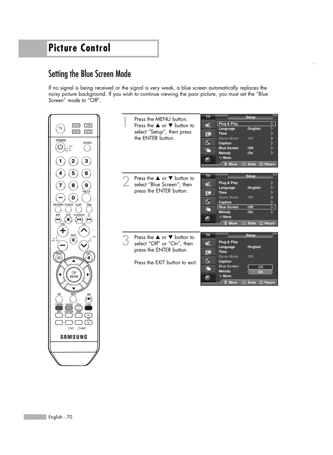 Samsung SP50L6HV manual Setting the Blue Screen Mode 