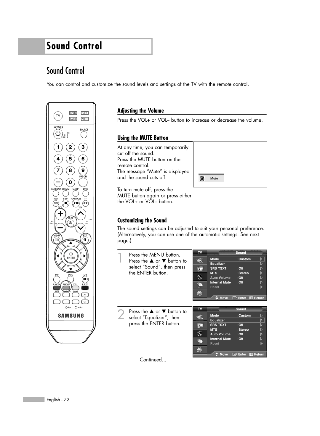 Samsung SP50L6HV manual Sound Control, Adjusting the Volume, Using the Mute Button, Customizing the Sound 