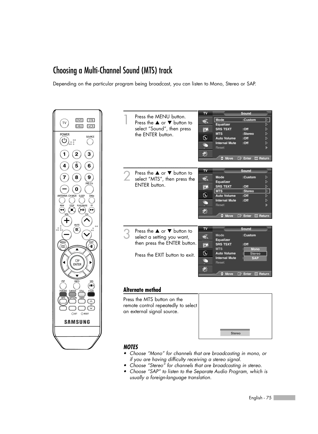 Samsung SP50L6HV manual Choosing a Multi-Channel Sound MTS track 