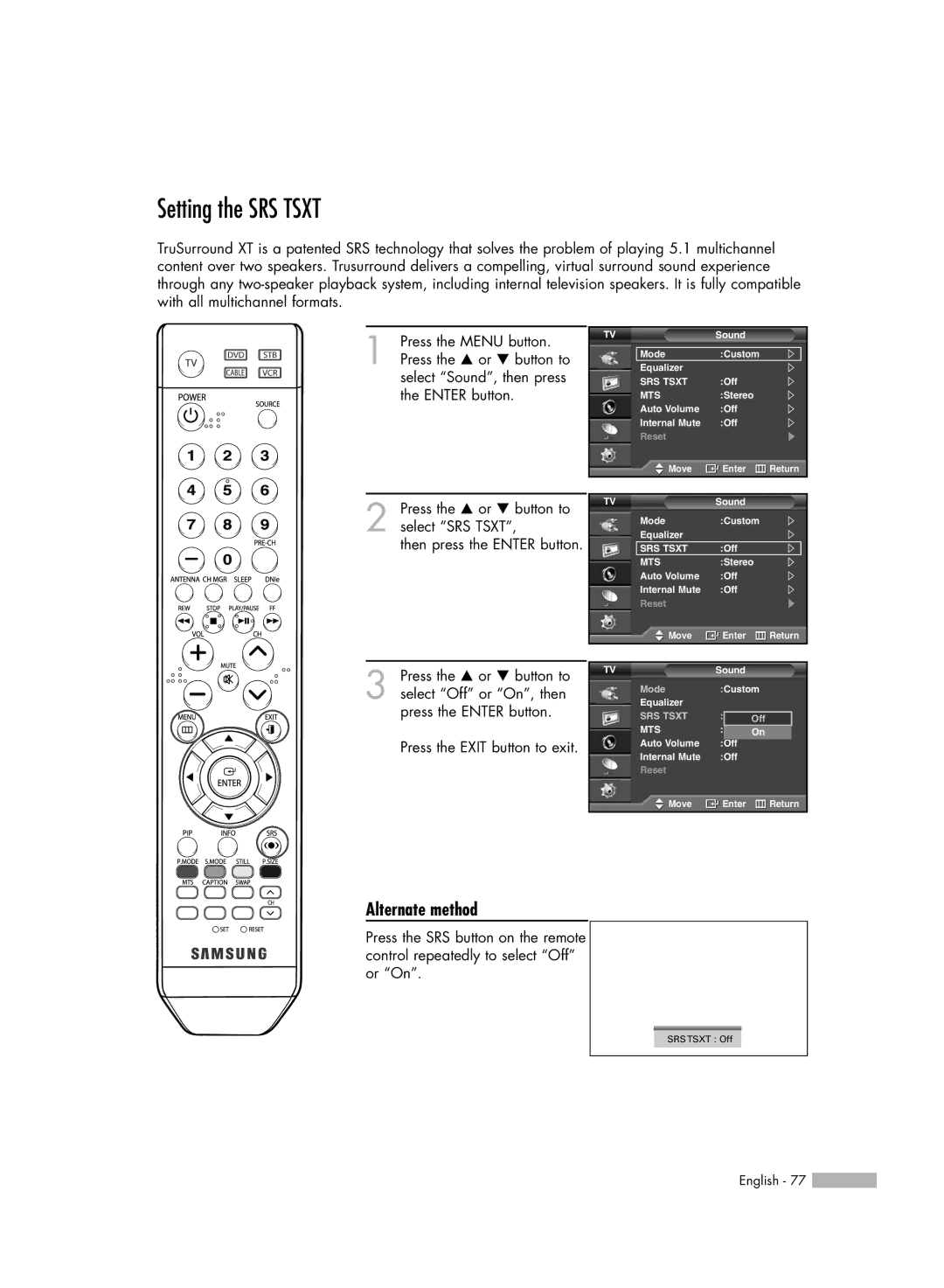 Samsung SP50L6HV manual Setting the SRS Tsxt 