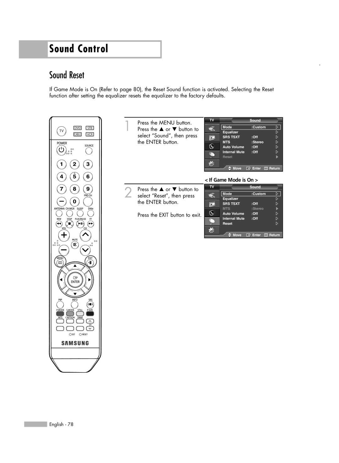 Samsung SP50L6HV manual Sound Reset, Select Sound, then press the Enter button 