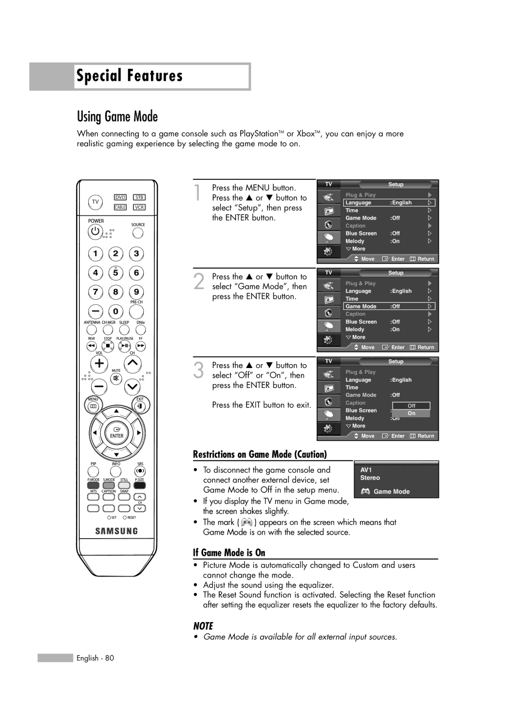 Samsung SP50L6HV manual Special Features, Using Game Mode, Restrictions on Game Mode Caution, If Game Mode is On 