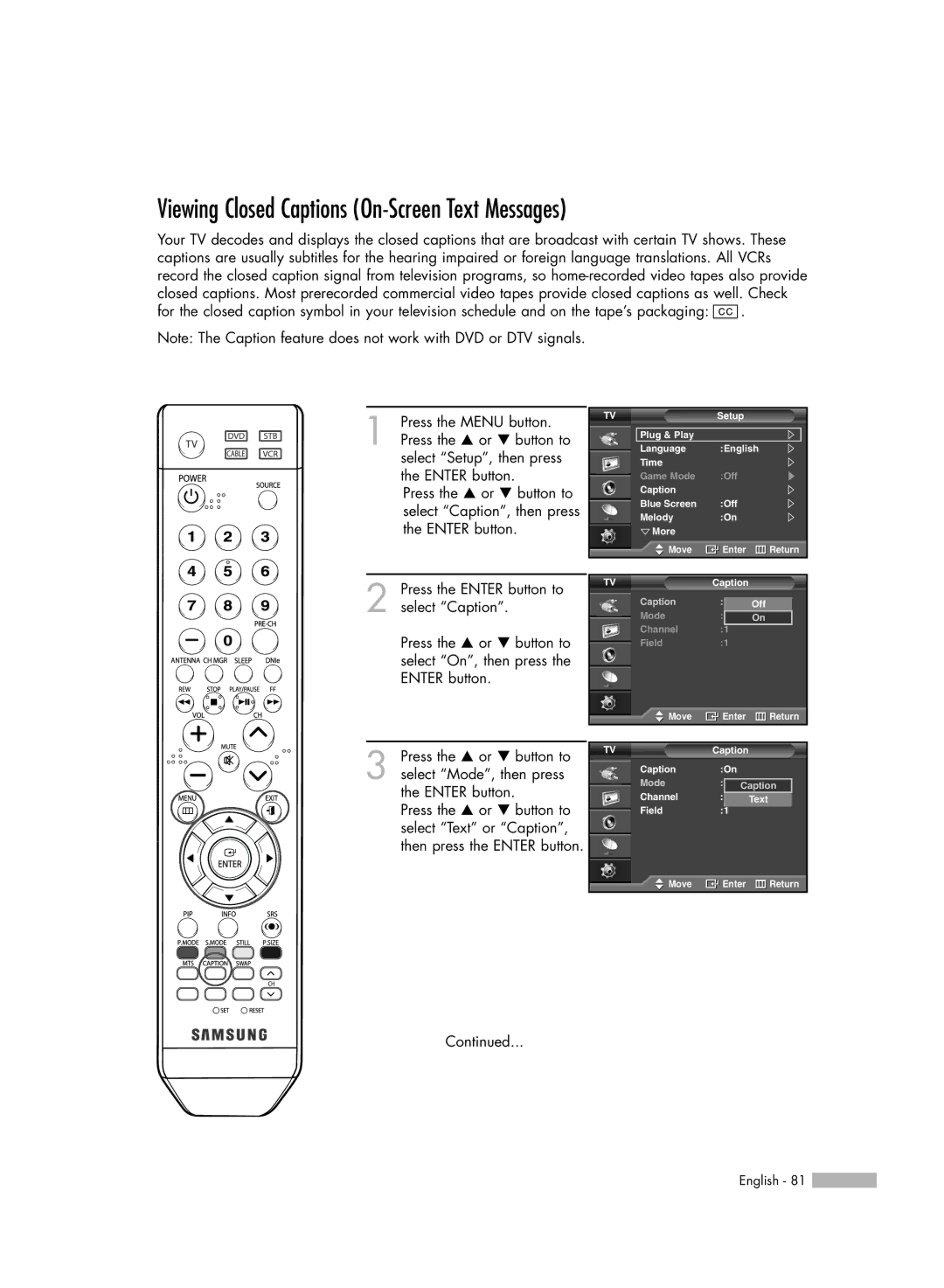 Samsung SP50L6HV manual Viewing Closed Captions On-Screen Text Messages 