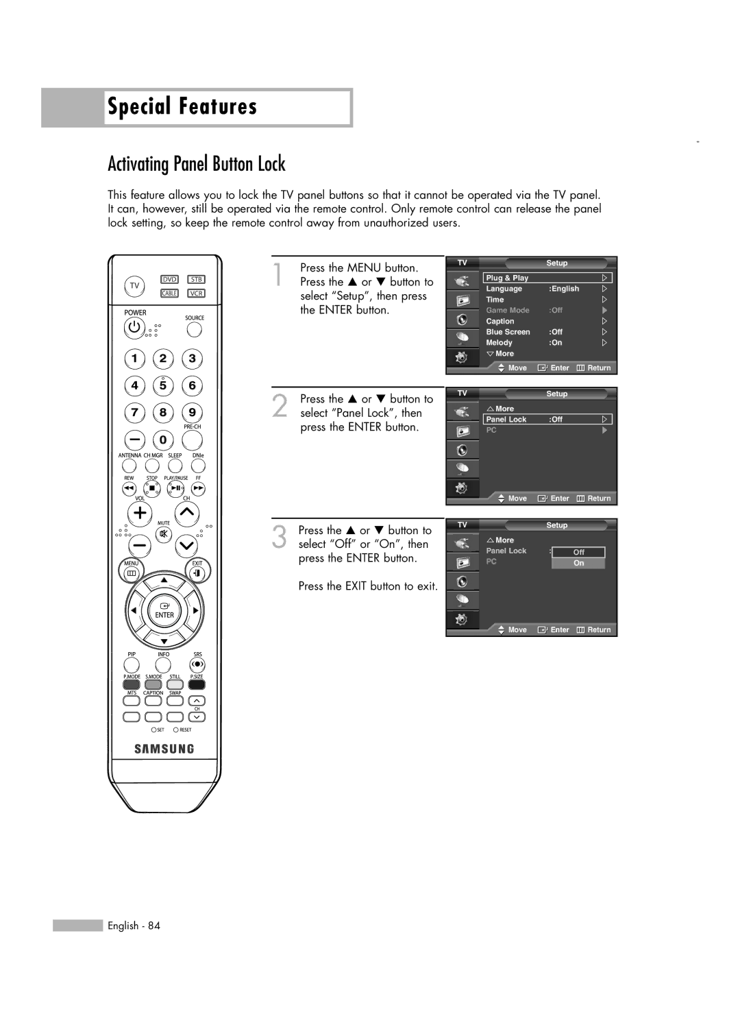 Samsung SP50L6HV manual Activating Panel Button Lock 