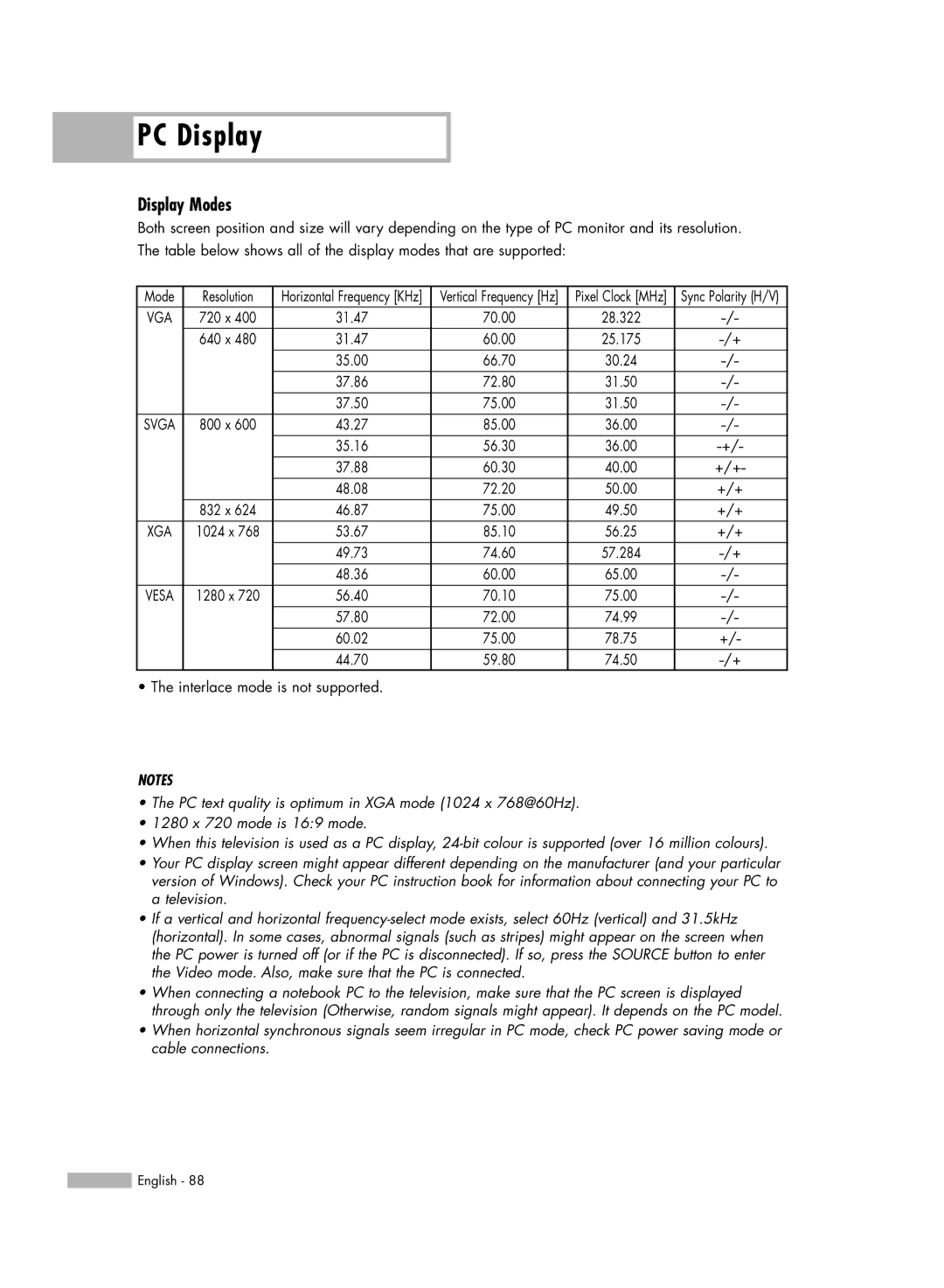 Samsung SP50L6HV manual Display Modes 