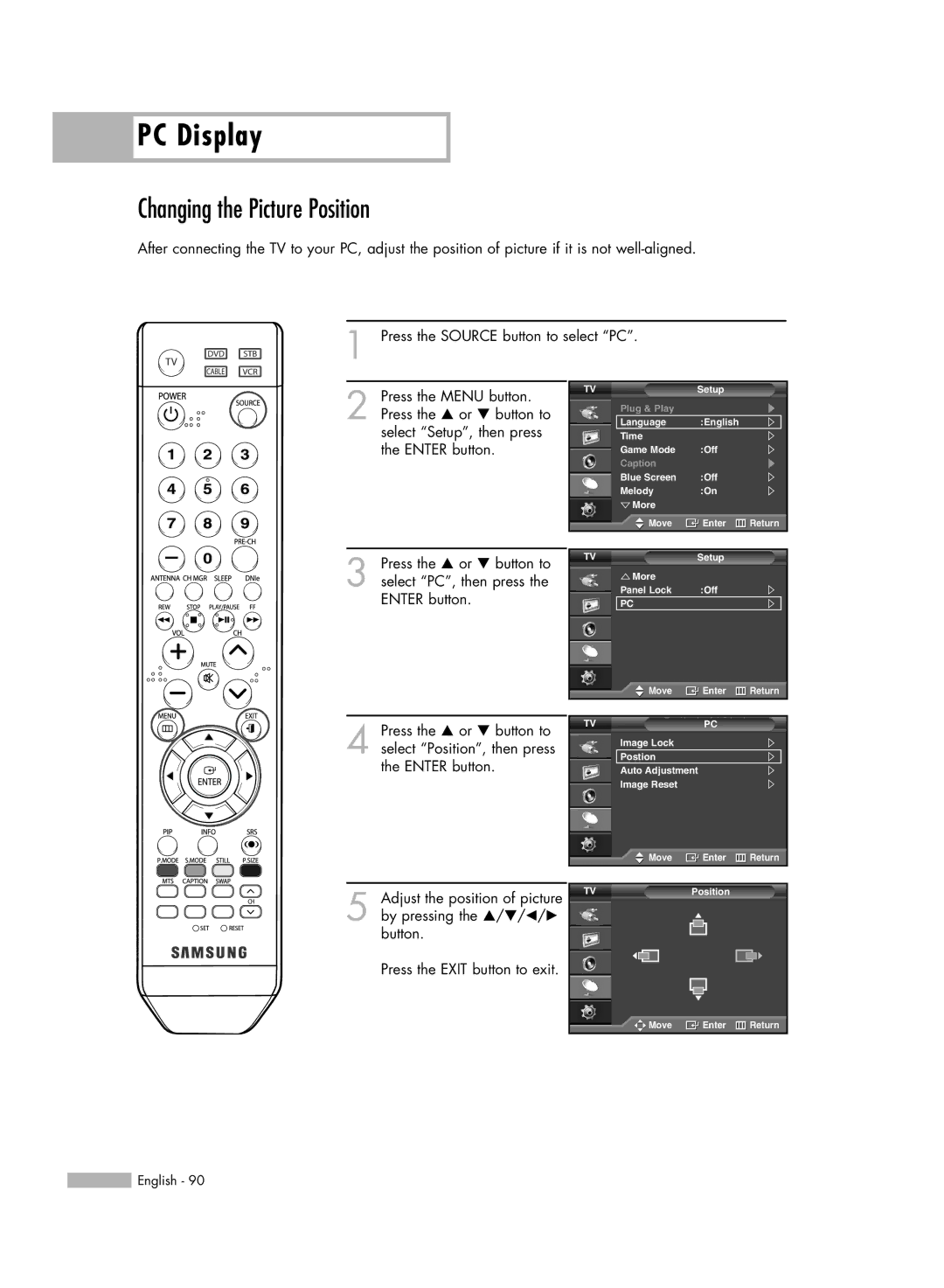 Samsung SP50L6HV manual Changing the Picture Position 