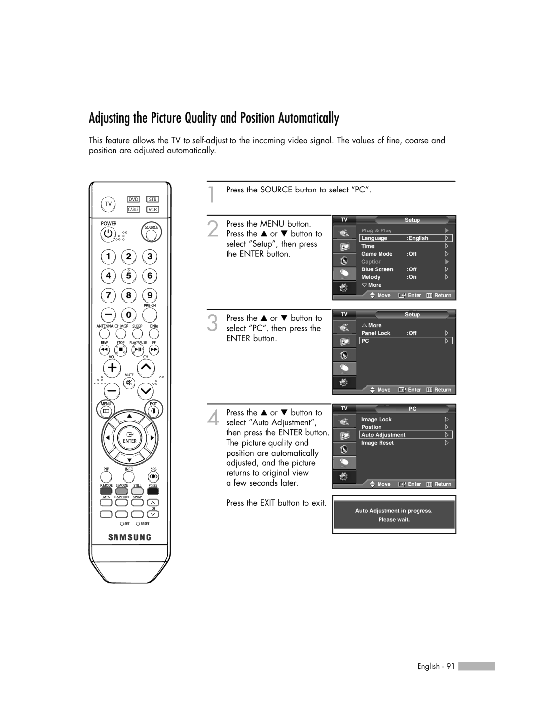 Samsung SP50L6HV manual Adjusting the Picture Quality and Position Automatically 