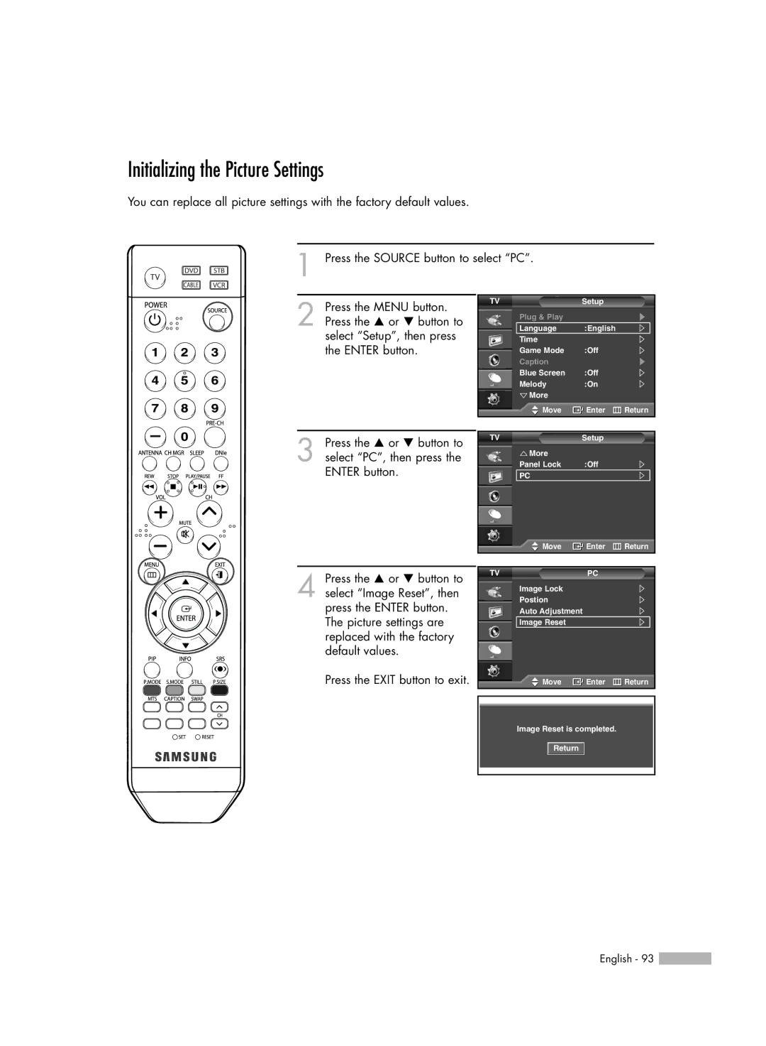 Samsung SP50L6HV manual Initializing the Picture Settings 