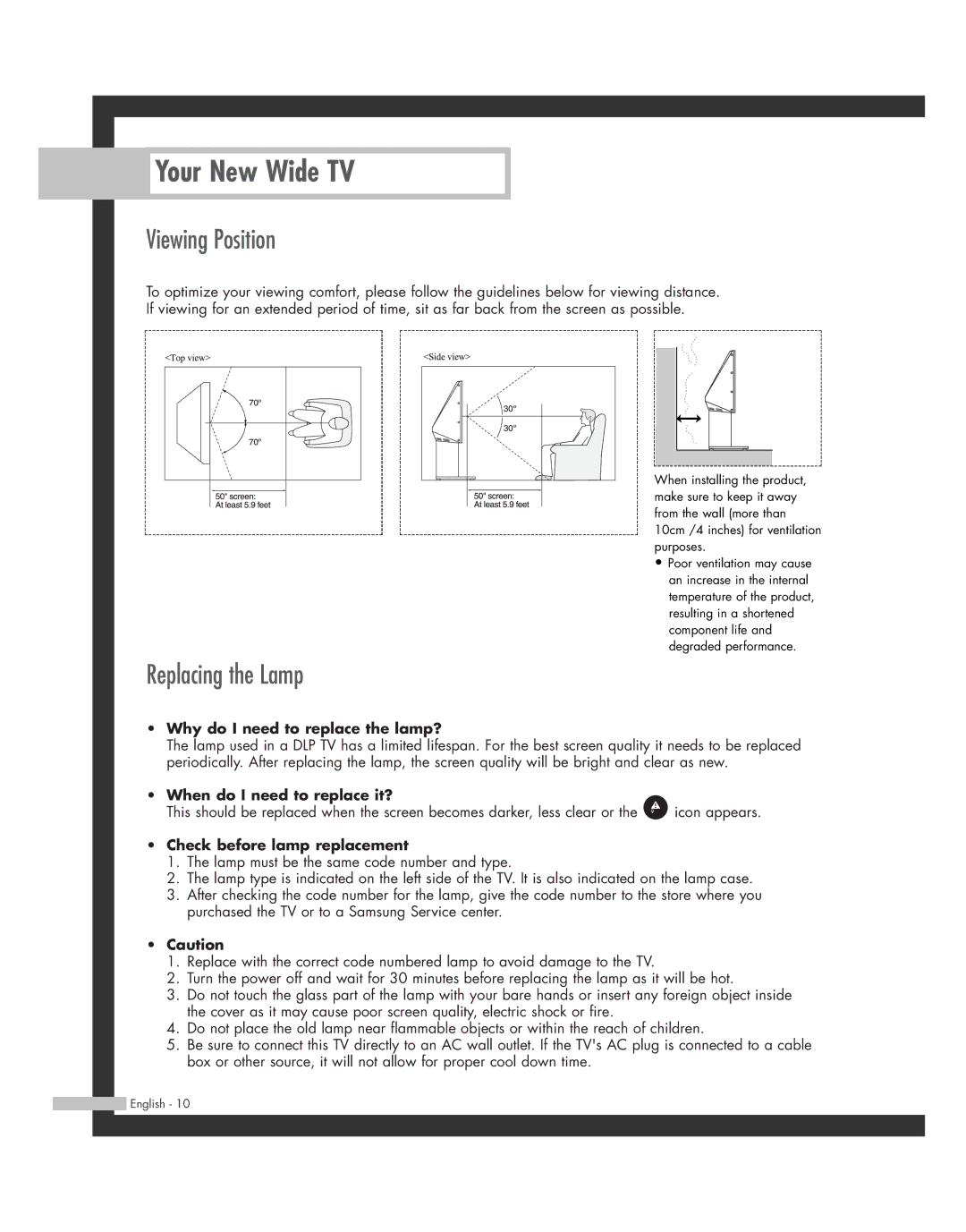 Samsung SP50L7HD manual Viewing Position, Replacing the Lamp 