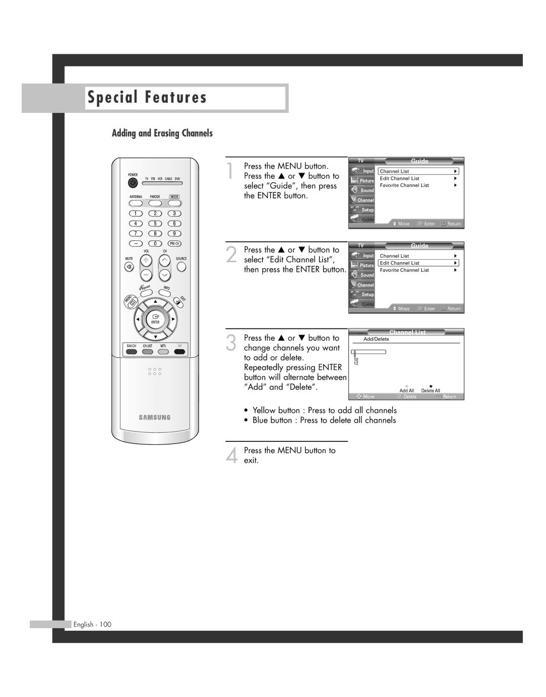 Samsung SP50L7HD manual Adding and Erasing Channels 