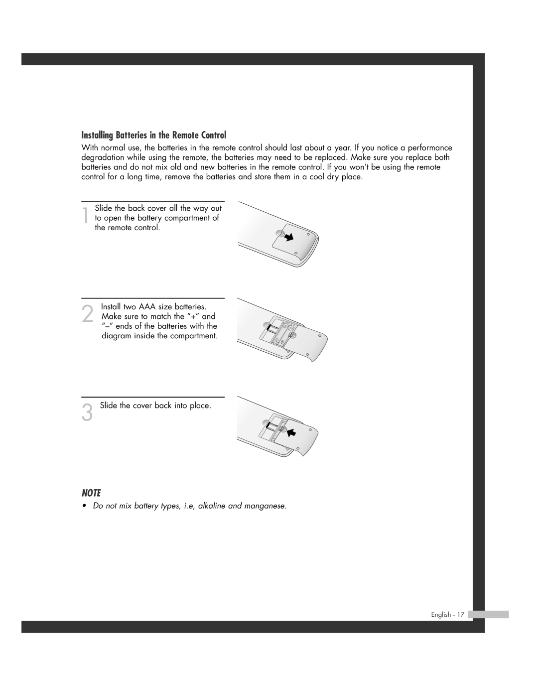 Samsung SP50L7HD manual Installing Batteries in the Remote Control 