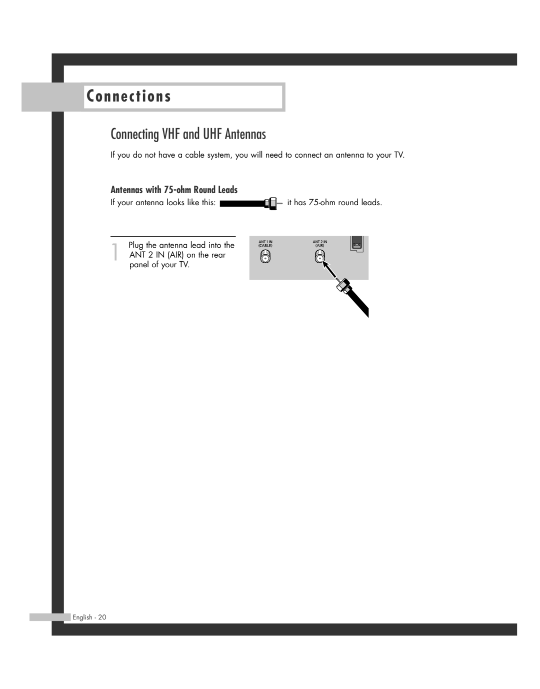 Samsung SP50L7HD manual Connecting VHF and UHF Antennas, Antennas with 75-ohm Round Leads 