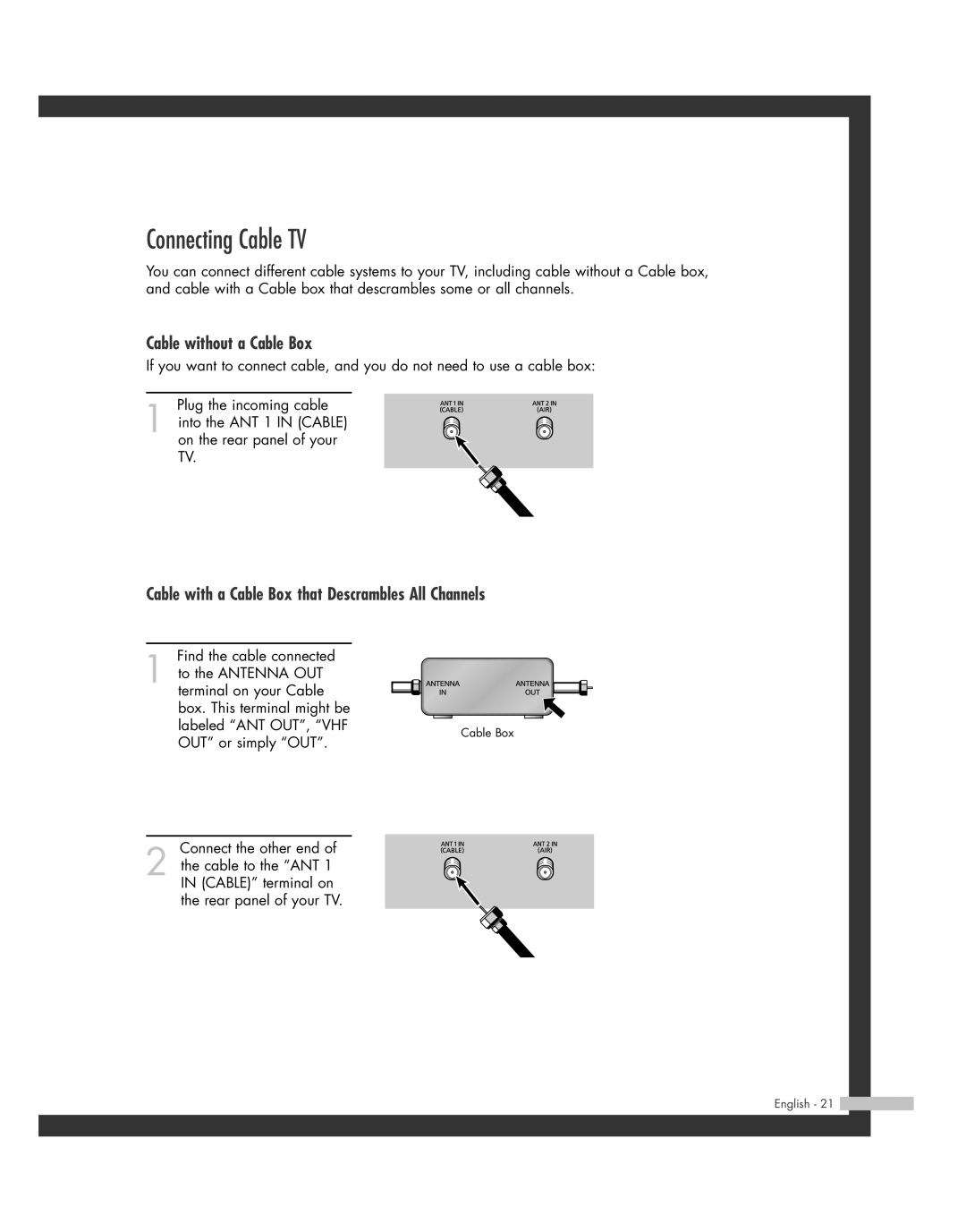 Samsung SP50L7HD Connecting Cable TV, Cable without a Cable Box, Cable with a Cable Box that Descrambles All Channels 