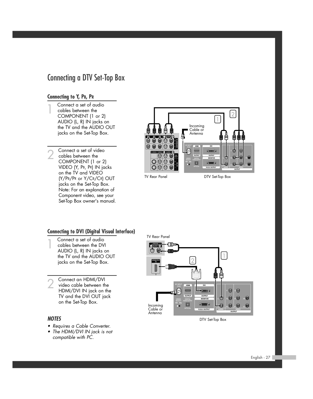 Samsung SP50L7HD manual Connecting a DTV Set-Top Box, Connecting to DVI Digital Visual Interface 