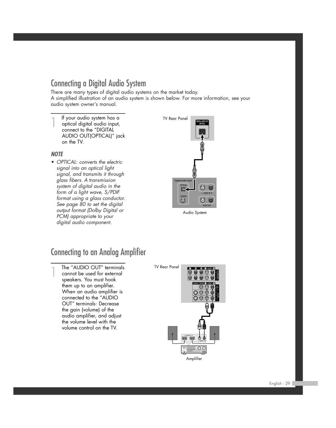 Samsung SP50L7HD manual Connecting a Digital Audio System, Connecting to an Analog Amplifier 