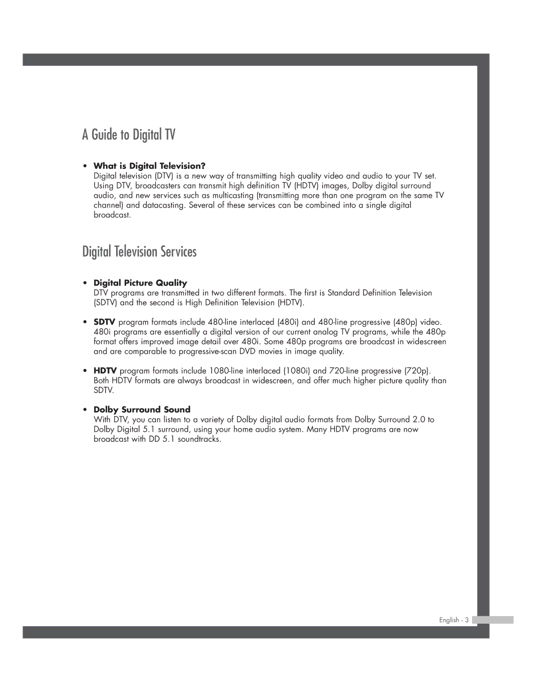 Samsung SP50L7HD manual Guide to Digital TV, Digital Television Services 