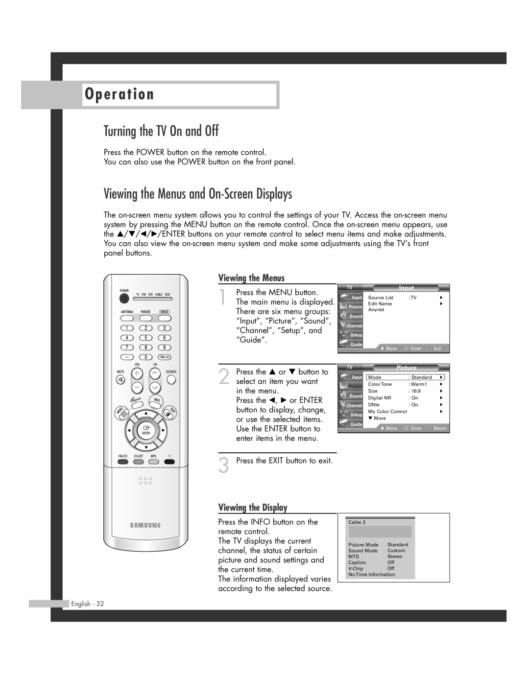 Samsung SP50L7HD manual Turning the TV On and Off, Viewing the Menus and On-Screen Displays, Viewing the Display 