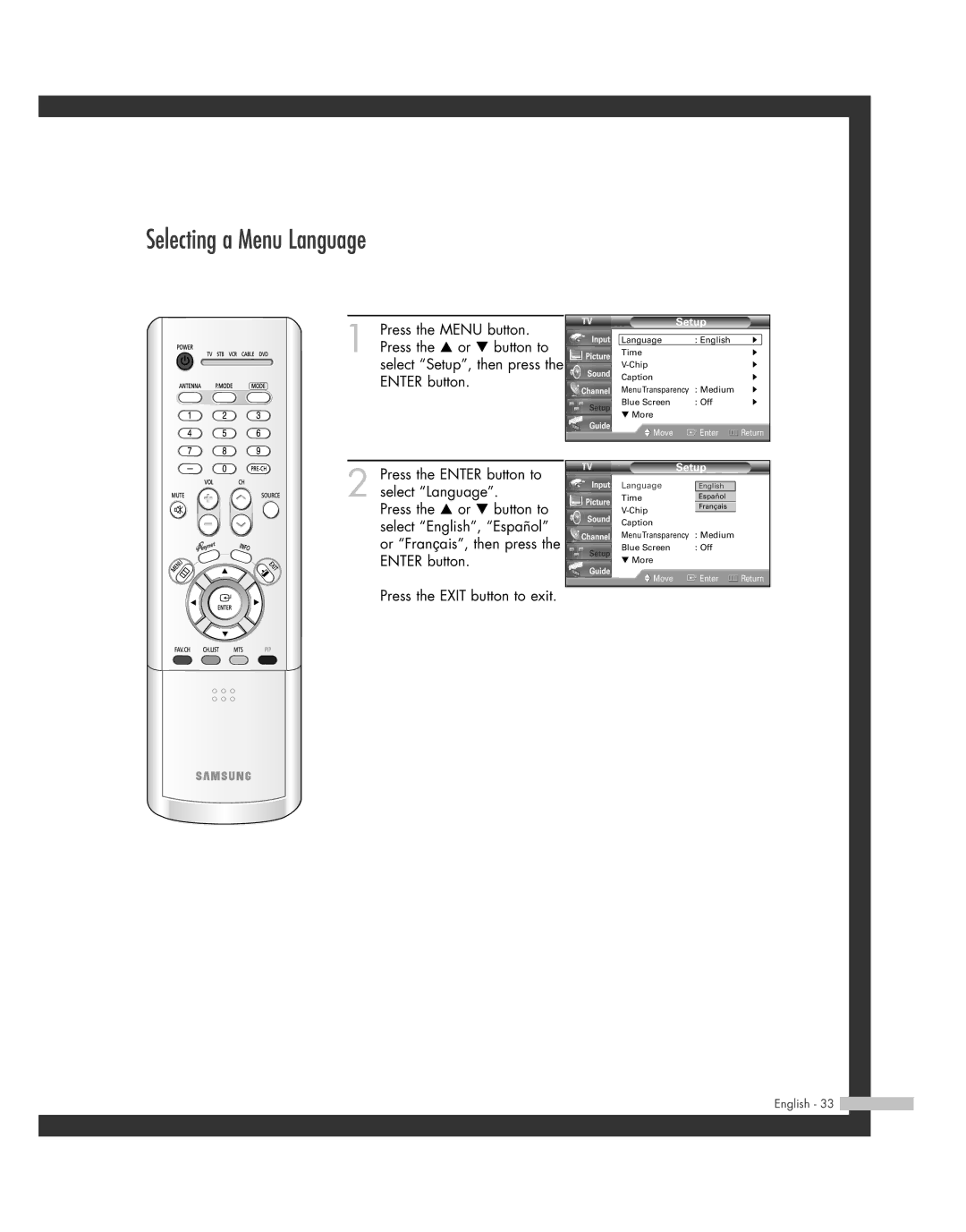 Samsung SP50L7HD manual Selecting a Menu Language, Setup 