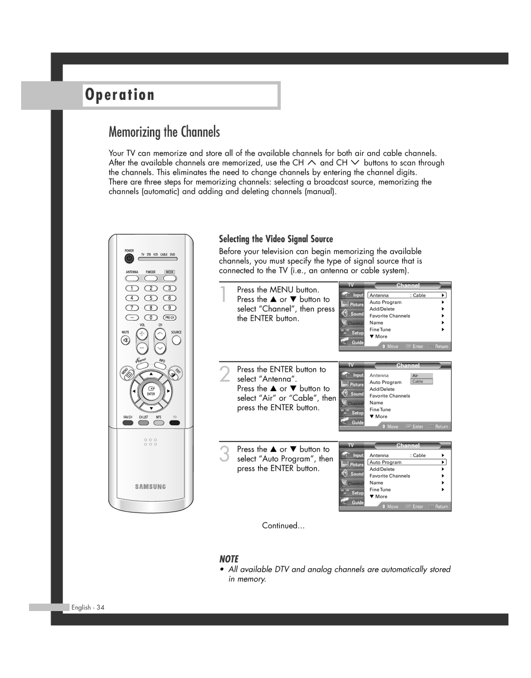 Samsung SP50L7HD manual Memorizing the Channels, Selecting the Video Signal Source 